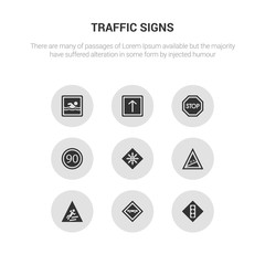 9 round vector icons such as  , skateboard, slippery, slope, snow contains speed limit, stop, straight, swimming.  skateboard, icon3_, gray traffic signs