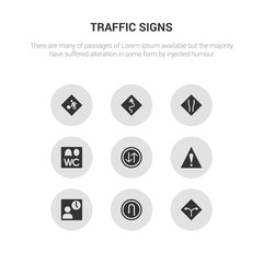 9 round vector icons such as two ways, u turn, waiting, warning, way road contains wc, wide road, winding road, working. two ways, u turn, icon3_, gray traffic signs icons