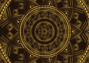 Golden mandala design on black background. Decorative floral template for greeting card, invitation or banner.