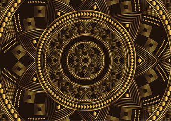 Golden mandala design on black background. Decorative floral template for greeting card, invitation or banner.