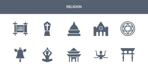 10 religion vector icons such as shinto, shiva, shrine, spiritual, standing bell contains star of david, synagogue, temple, tombstone, torah. religion icons