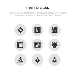 9 round vector icons such as end of way, falling rocks, fire, forbidden, gas station contains gasoline, handicap, highway, hill. end of way, falling rocks, icon3_, gray traffic signs icons