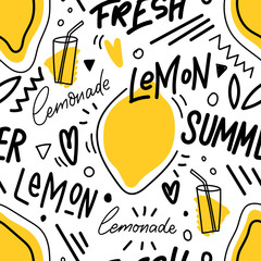 Seamless pattern with lemon and lemonade and lettering for print, textile. Seasonal summer background with fresh drink. - 263966398