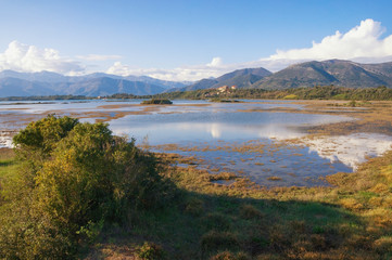 Wetland landscape. Montenegro. View of special botanical and animal reserve  - Tivat Salina  ( Tivatska Solila ) - on a sunny spring day