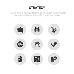 9 round vector icons such as strategy management, strategy sketch, strategy thought, strength, success contains success flag, target, team, thumb up. management, sketch, icon3_, gray icons