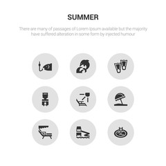 9 round vector icons such as swimming pool, aqua park, beach chair, beach umbrella, deck chairs and sun contains dispenser, diving fins, dolphin on water waves, fish and hook. swimming pool, aqua