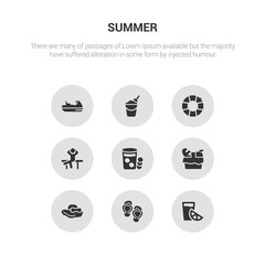 9 round vector icons such as lime juice, pair of flip flops, pamela hat, pinic basket, refreshing cold drink contains relax, rubber ring, sand bucket and shovel, sea scooter. lime juice, pair of