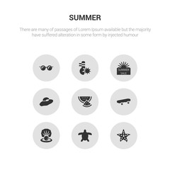 9 round vector icons such as sea star, sea turtle, shell, skate, slice of melon contains summer hat, summer sale, summer temperature, sun glasses. sea star, turtle, icon3_, gray icons