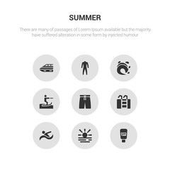9 round vector icons such as sunscreen, sunset at sea, swimming person, swimming pool ladder, swimming trunks contains waterski, wave, wetsuit, yatch boat. sunscreen, sunset at sea, icon3_, gray