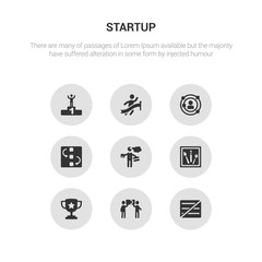 9 round vector icons such as comparison, cooperation, cup, de, entrepreneur contains exchanging, experience, finish line, first. comparison, cooperation, icon3_, gray startup icons