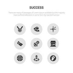 9 round vector icons such as fist, flowchart, focus, franchise, gears contains gift voucher, goal, gold ingots, gold medal. fist, flowchart, icon3_, gray success icons