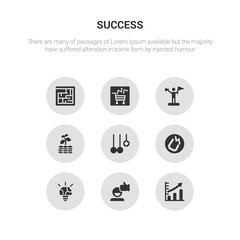 9 round vector icons such as grow, happiness, idea, idea magnet, innovation contains investment, leader, market trends, maze. grow, happiness, icon3_, gray success icons