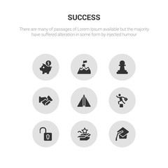9 round vector icons such as mortarboard, new product, open padlock, overcome, paper plane contains partnership, pawn, peak, piggybank. mortarboard, new product, icon3_, gray success icons