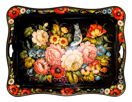 Zhostovo painting, old russian folk handicraft of painting on metal trays. Traditional bright colorful floral pattern on black background. On white background isolated