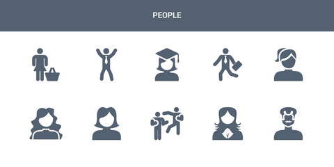 10 people vector icons such as father face, female user management, fighting, girl face, girl face with long hair contains girl with ponytails, going to work, graduated, happy man, housewife
