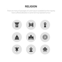 9 round vector icons such as shrine, spiritual, standing bell, star of david, synagogue contains temple, tombstone, torah, tribune. shrine, spiritual, icon3_, gray religion icons