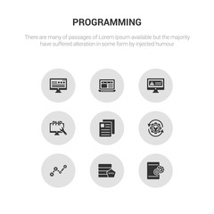 9 round vector icons such as mobile development, mysql, operating system, optimization, page contains php, program error, program interface, programming language. mobile development, mysql, icon3_,