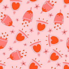 Menstrual cup. Menstruation theme. Period. Feminine hygiene product. Zero waste object. Menstrual protection, feminine hygiene. Hand drawn vector illustration. Pink seamless pattern