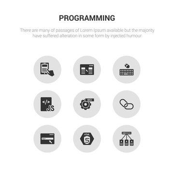 9 round vector icons such as hosting, html5, http, hyperlink, image seo contains js, keyboard and mouse, landing page, mobile app. hosting, html5, icon3_, gray programming icons