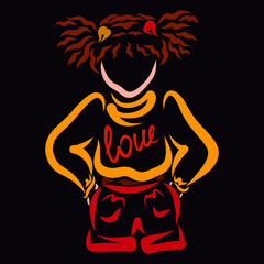 girl in a sweater and shorts, with the words Love