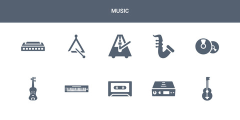 Fototapeta na wymiar 10 music vector icons such as guitar, amplifier, cassette, music keyboard, violin contains cd, saxophone, metronome, music triangle, harmonica. icons