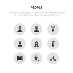 9 round vector icons such as person biking, playing with a ball, playpen, pregnant, princess face contains punk face, referee man, russian man face, sad man with hat. person biking, playing with a