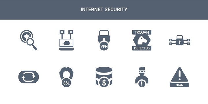 10 internet security vector icons such as spam, spyware, sql, ssl, sync contains traffic encryption, trojan, virtual private network, virtualization, virus search. internet security icons