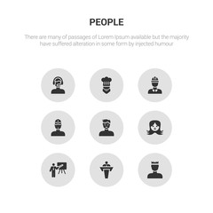 9 round vector icons such as boy with headband, businessman giving a lecture, businessmen disussing, child face, chinese face contains coach face, construction worker, cook customer help worker. boy