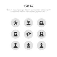 9 round vector icons such as cyclist face, executive manager, father face, female user management, fighting contains girl face, girl with long hair, girl with ponytails, going to work. cyclist