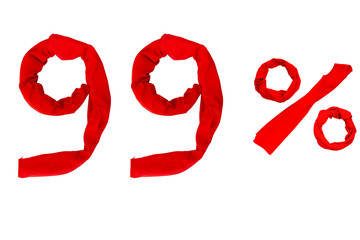 ninety nine percent mark (99%) made from red clothes on a white background. Isolated