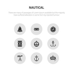 9 round vector icons such as air tank, anchor, antique telescope, bait, barometer contains big barrel, big compass, big crate, boat bell. air tank, anchor, icon3_, gray nautical icons