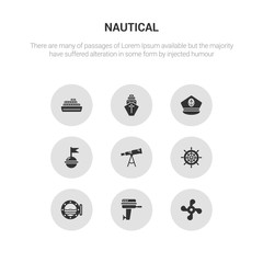 9 round vector icons such as boat screw, boat engine, boat porthole, steering wheel, telescope contains buoy, captain hat, cargo ship front view, cruise ship. screw, engine, icon3_, gray nautical