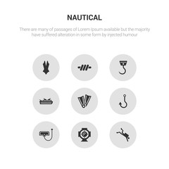 9 round vector icons such as diver, diving helmet, diving mask, fishing hook, flippers contains frigate, hook, knot, lady swimwear. diver, diving helmet, icon3_, gray nautical icons