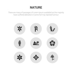 9 round vector icons such as iris, jasmine, jonquil, knapweed, landscape contains larch, lavender, lemongrass, lily. iris, jasmine, icon3_, gray nature icons