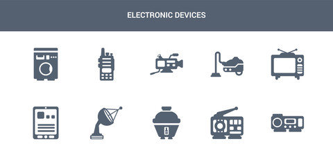 10 electronic devices vector icons such as projector, radio, rice cooker, satellite dish, tablet contains television, vacuum cleaner, video camera, walkie talkie, washing machine. electronic devices