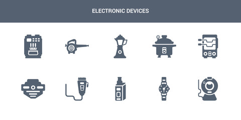 10 electronic devices vector icons such as webcam, wristwatch, vaporizer, trimmer, smoke detector contains rotisserie, pressure cooker, percolator, leaf blower, ice cream maker. electronic devices