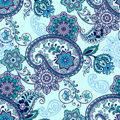 Oriental seamless paisley pattern. Floral wallpaper. Indigo traditional paisley pattern.