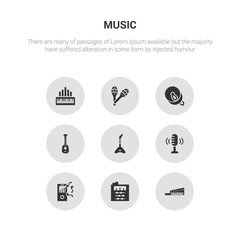 9 round vector icons such as keytar, sound mixer, mp3, voice recording, jazz contains ukelele, cymbal, maraca, organ. keytar, sound mixer, icon3_, gray music icons