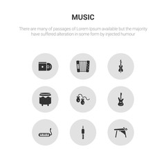 9 round vector icons such as marimba, jack connector, melodica, bass guitar, castanets contains bongo, violoncello, accordion, disc. marimba, jack connector, icon3_, gray music icons