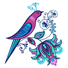 Embroidery paradise bird on fantasy flower