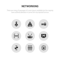 9 round vector icons such as private network, proxy server, remote access, remote support, router contains scan, secure payment, spam, spyware. private network, proxy server, icon3_, gray networking