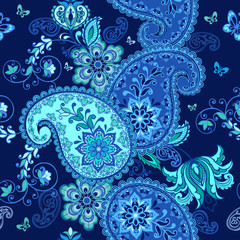 Fantastic floral seamless ornament with decorative butterflies. Floral wallpaper. Indigo traditional paisley pattern.