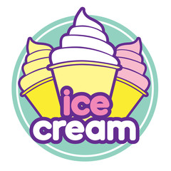 Vector illustration of cute and fun ice cream sticker, badge, icon.
