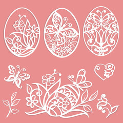Easter eggs. Set laser cutting template. Flowers, leaves and butterflies for the lace decoration