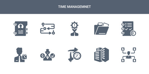 10 time managemnet vector icons such as multitask, office building, out of time, pension, person contains planning, portfolio, problems, process, profiles. time managemnet icons