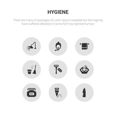 9 round vector icons such as bottle, electric shaver, gel, hair washing, razor contains sanitary, towel, urinal, vacuum. bottle, electric shaver, icon3_, gray hygiene icons