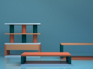 Minimal scene with podium and abstract background. Geometric shape. Blue and coral colors scene. Minimal 3d rendering. Scene with geometrical forms and blue background. 3d render. 