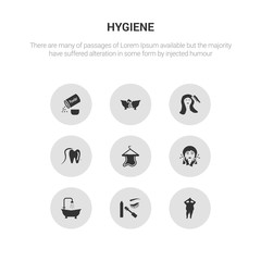 9 round vector icons such as body shaming, dolled up, douche, face washer, face towel contains flossing, grooming, lather, powder. body shaming, dolled up, icon3_, gray hygiene icons