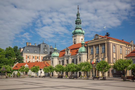Church and town hall in Pszczyna, Silesia, Poland