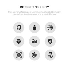 9 round vector icons such as file security, file sharing, fingerprint scan, firewall, folder security contains gdpr shield, global network, hacker, hard disc. file security, sharing, icon3_, gray
